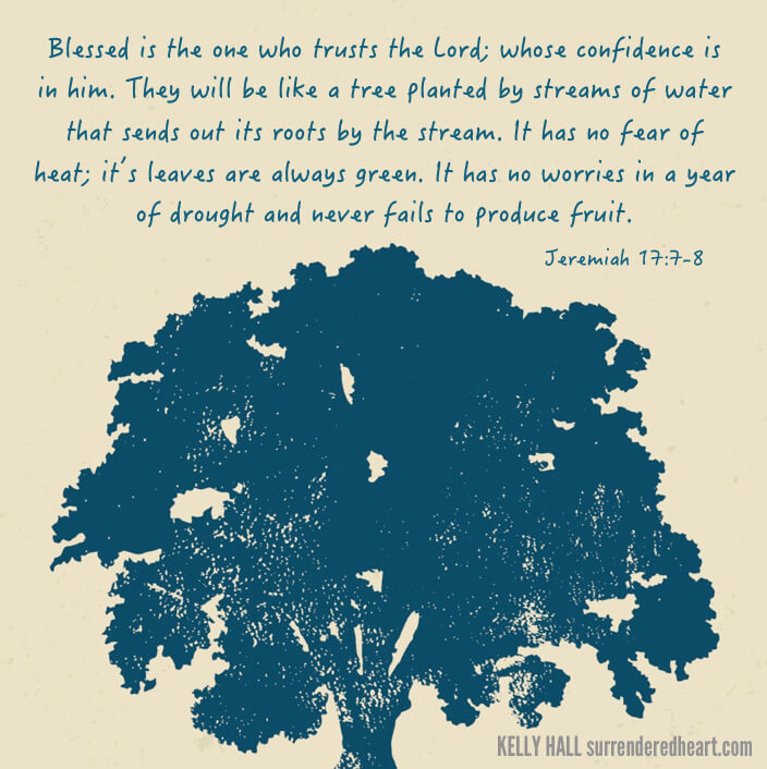 Blessed is the one who trusts the Lord; whose confidence is in him. They will be like a tree planted by streams of water that sends out its roots by the stream. It has no fear of heat; it's leaves are always green. It has no worries in a year of drought and never fails to produce fruit. - Jeremiah 17:7-8